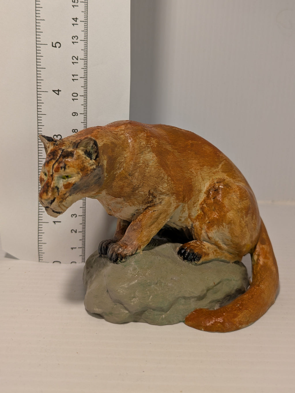 Hand-painted 3D printed cougar sculpture on rocky base, BC wildlife art