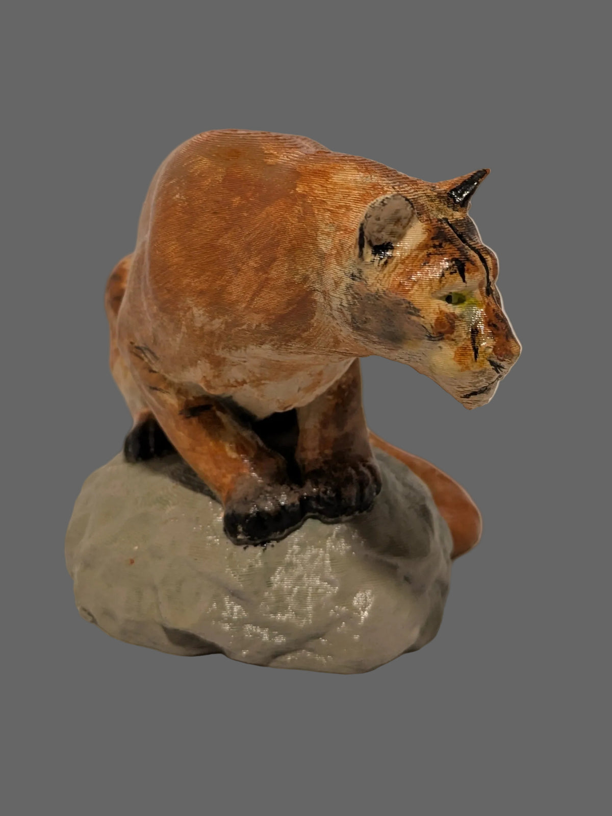Hand-painted 3D printed cougar sculpture on rocky base, BC wildlife art