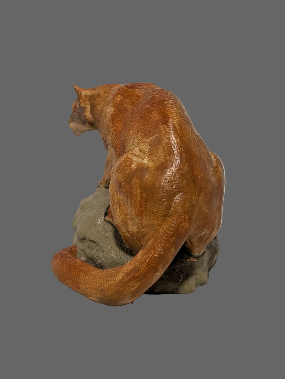 Hand-painted 3D printed cougar sculpture on rocky base, BC wildlife art